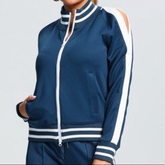 Cold Shoulder Navy Blue Track Suit Set - Picture 6 of 8